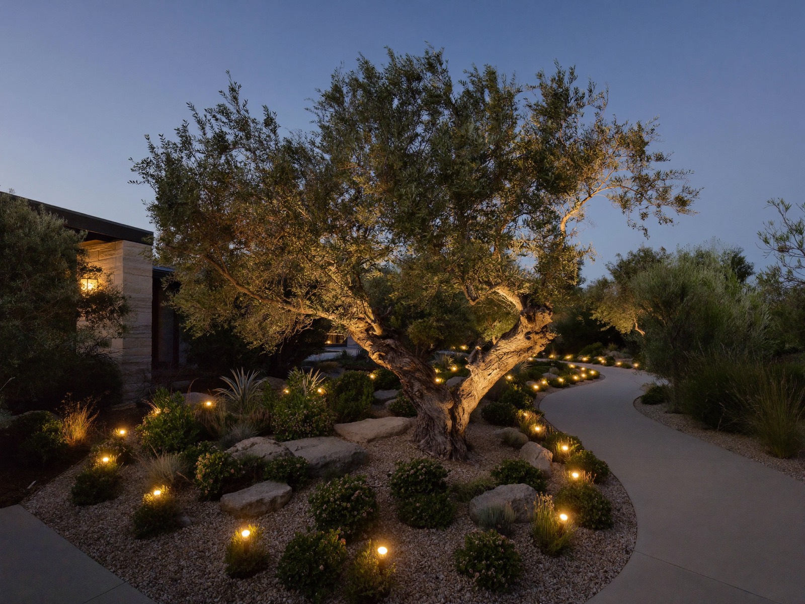 Low-voltage landscape path lighting glowing at dusk