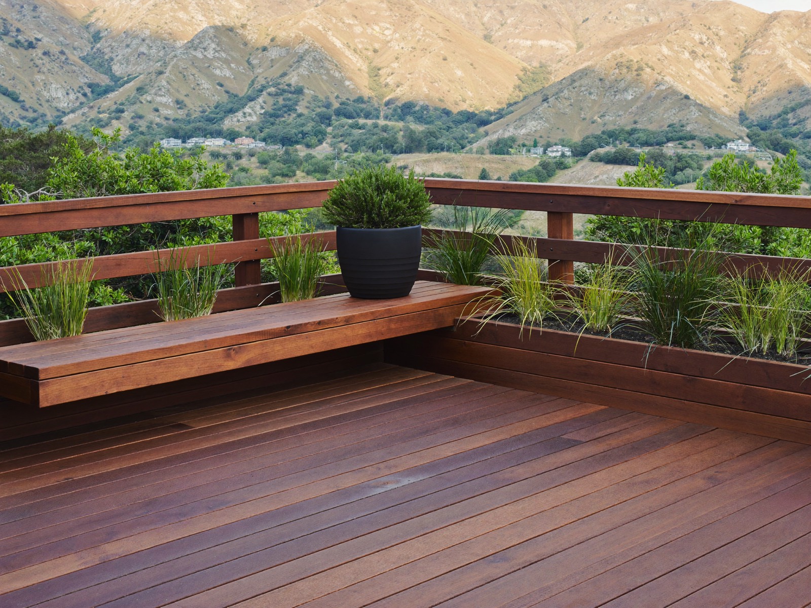Modern redwood deck with a hillside view in the Bay Area